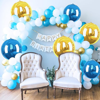 Blue Gold Giant 4D Foil Balloons, 6 Pcs Large Metallic Blue and Gold Round Balloons, 22 Inch Big Round Foil Balloon for Graduation Prom Birthday Party Baby Shower Decorations