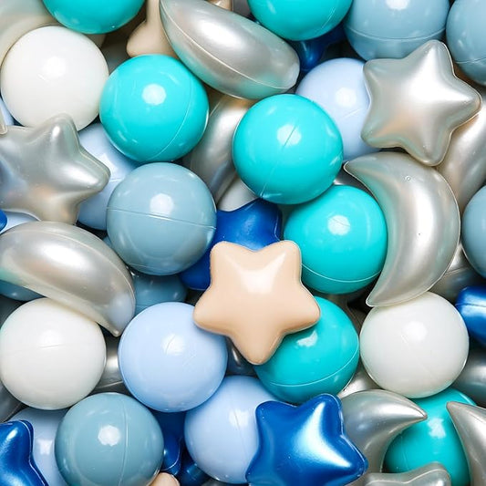 GOGOSO Ball Pit Balls Stars Moon Shapes Plastic Pitballs for Toddler Play Tent Baby Photo Props Kids Pool Water Toys Kiddie Pool Party Decor, Pearl Gray+Blue+Green,100PCS