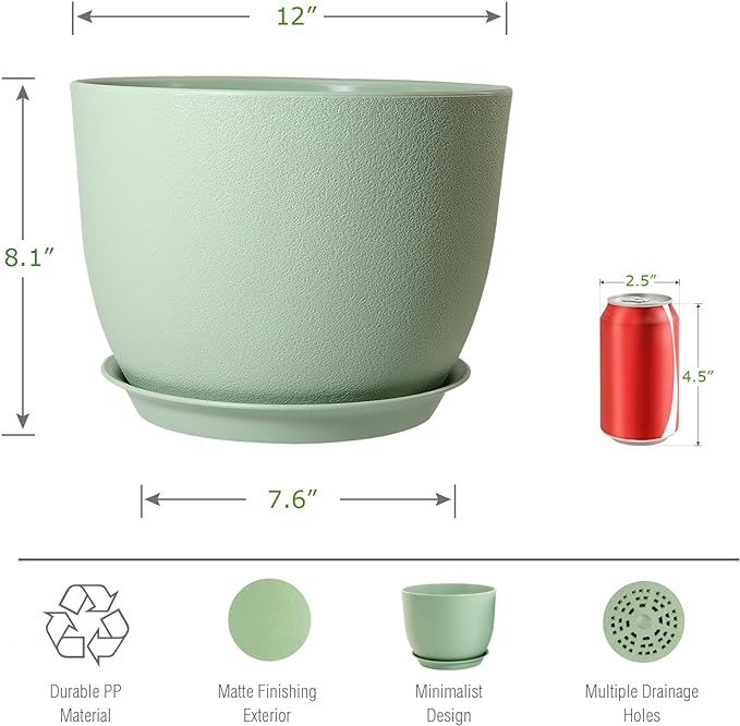12inch Large Plant Pot, Modern Plastic Planter with High Driange Holes and Saucer for Indoor Outdoor Garden Plants and Flowers, Green