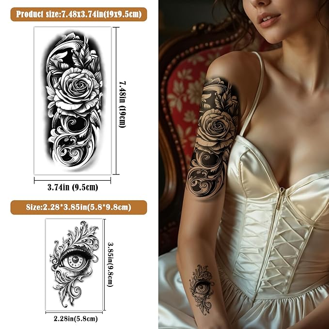 47 Sheets Baroque Temporary Tattoo for Women Men, 17 Sheets Half Arm Large Cross Skull Poker Angels Fake Tattoos, 30 Sheets Lion Flowers Tiny for Adult Kids Body Tattoos Stickers Realistic
