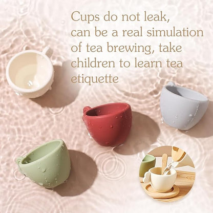 Wooden Tea Party Set for Little Girls 14pcs Toddler Tea Set with Silicone Teapot Cups Carrying Tray Scoop Kids Kitchen Accessories Pretend Play Wooden Toys for 3 4 5 6 Year Old Girl Birthday Gift