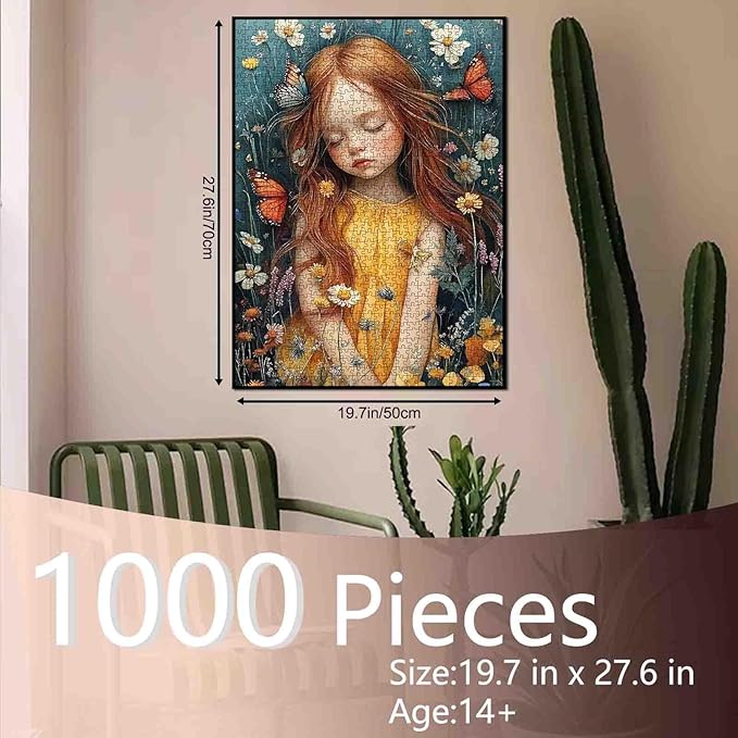Girl Flowers Jigsaw Puzzle Girl with Colorful Butterflies 1000 Piece Jigsaw Puzzles for Adults Challenging Family Activity Game DIY Puzzle Home Decor 20 x 27 Inch