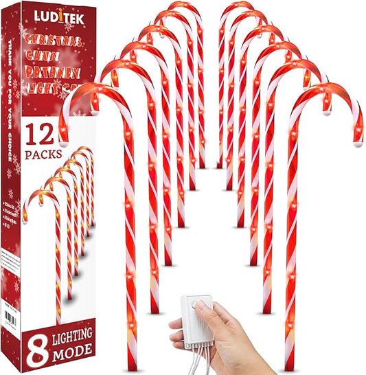 Luditek 24.5 inch Christmas Candy Cane Pathway Markers Set of 12 Christmas Outdoor Outside Decorations Lights 8 Blinking Modes Indoor Holiday Xmas Yard Patio Garden Walkway Decor