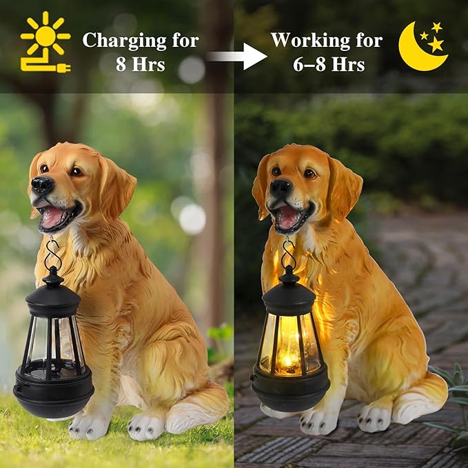 Afirst Solar Dog Statue Garden Decor, Outdoor Statue Decor with Solar Lantern Lovely Golden Retriever Figurine Patio Lawn Yard Art Ornaments Housewarming Gift