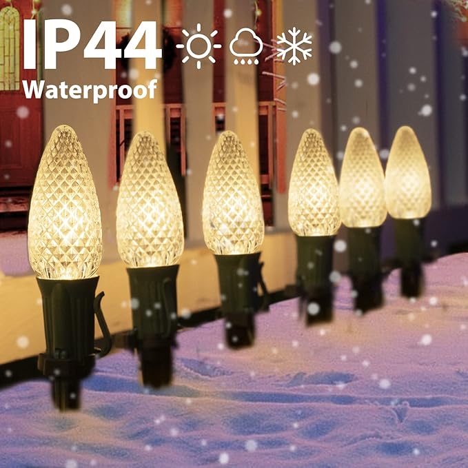 C9 Christmas Pathway Lights Outdoor, 25.7 Feet 20 LED C9 Strawberry Walkway Lights with Marker Stakes, Connectable Shatterproof C9 String Lights for Lane Outside Yard Decorations, Warm White, 2 Pack