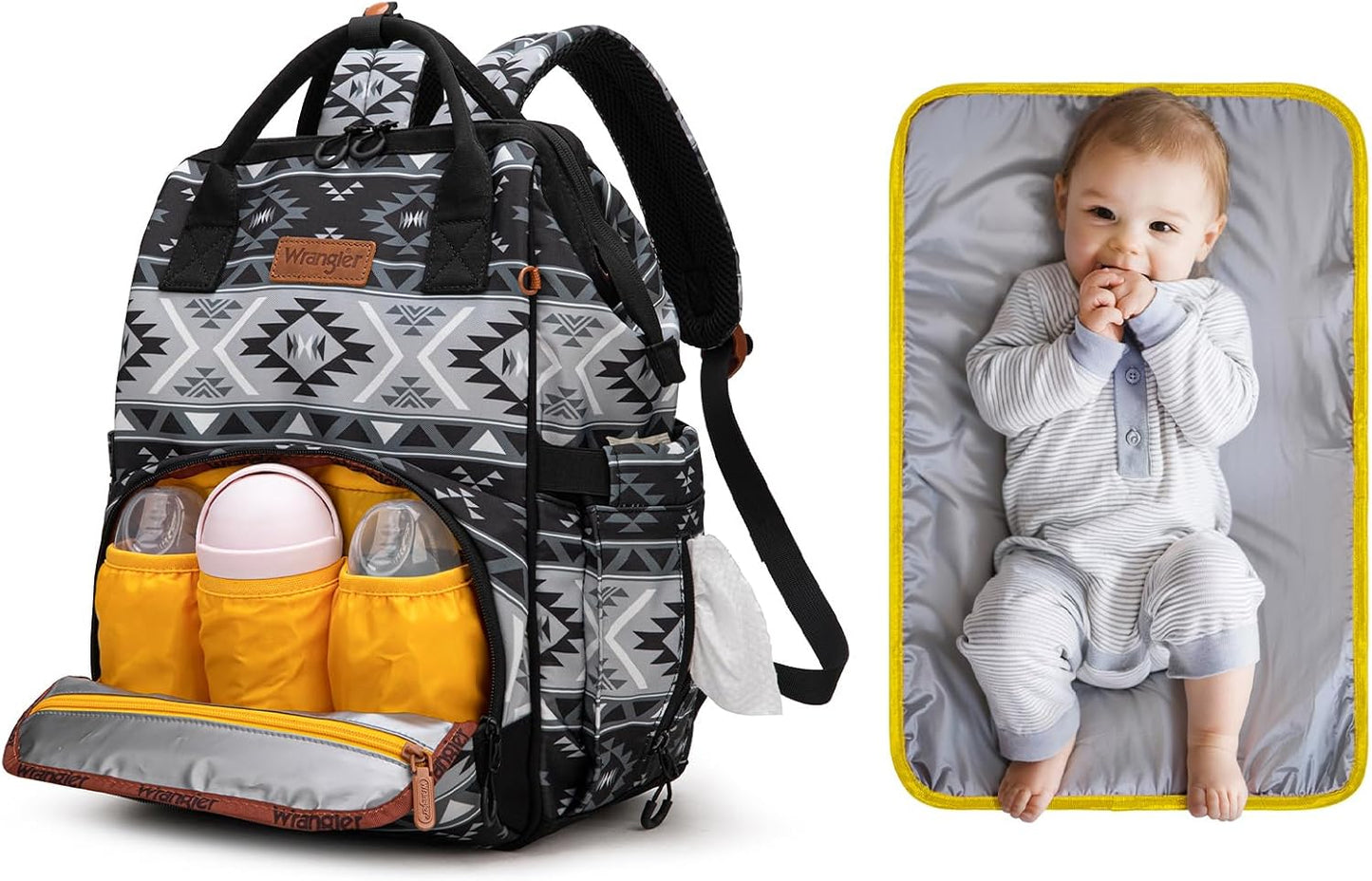 Wrangler Aztec Backpack Multifunction Baby Travel Bag with Changing Pad, Stroller Straps and Pacifier Case WG2204-91103BK