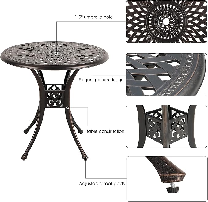 COBANA Patio Bistro Table, 31’’ Round Cast Aluminum Outdoor Dining Retro Side Table with 2’’ Umbrella Hole, Bronze