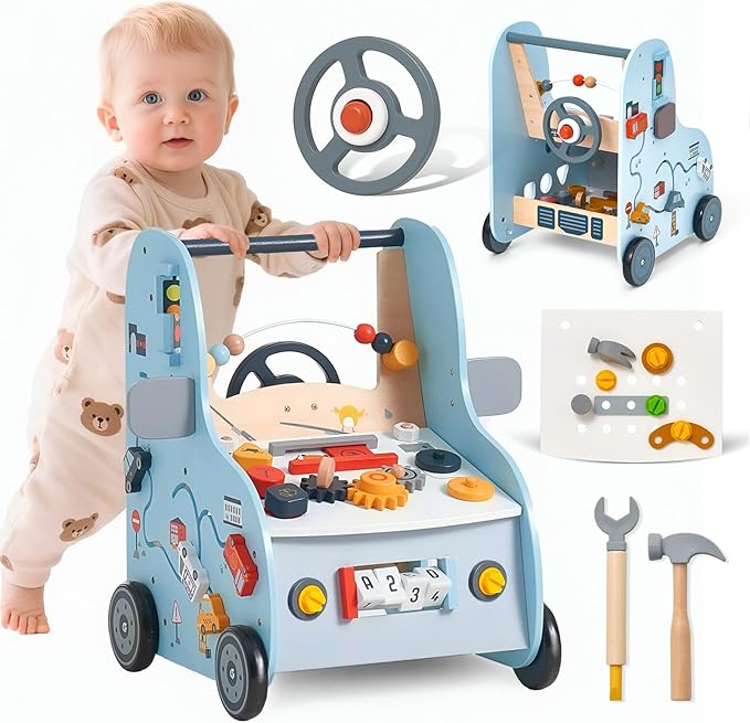 Giant bean Wooden Baby Push Walker with Activity Center – Car Traffic Theme Tool Bench Shape Sorter, Steering Wheel Gears Beads, Montessori Toy for Toddlers 1-3, Walking Push Toy Speed Adjustable