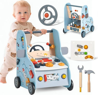 Giant bean Wooden Baby Push Walker with Activity Center – Car Traffic Theme Tool Bench Shape Sorter, Steering Wheel Gears Beads, Montessori Toy for Toddlers 1-3, Walking Push Toy Speed Adjustable