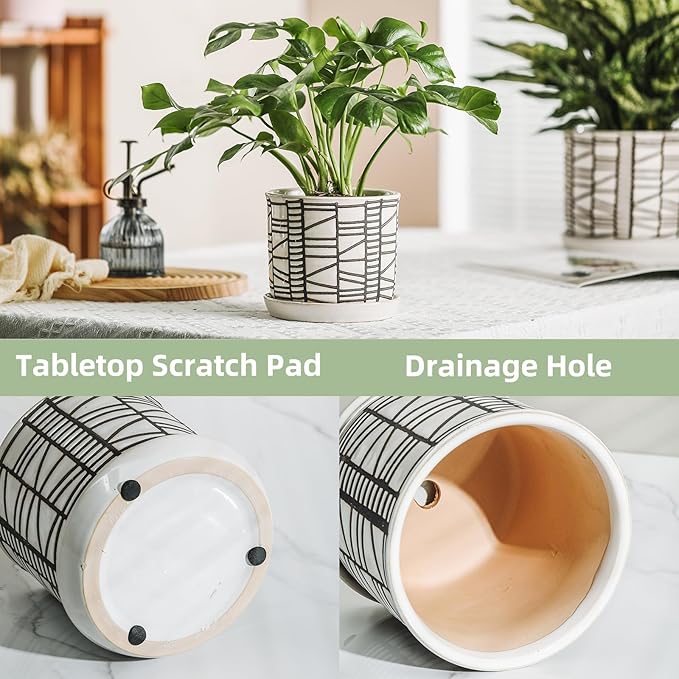 6 Inch Plant Pot: Ceramic Planter with Drainage Hole & Saucer for Indoor Outdoor Plants - Flowerpot with Bonded Tray for Home Office - Stripe Debossed