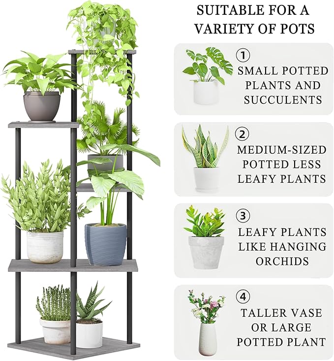 Plant Stand Indoor 5-Tier Metal Wood Plant Shelf for Multiple Flower Pots Corner Tall Flower Holders for Living Room Balcony Bedroom, Oak Grey