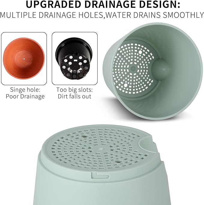 GARDIFE Plant Pots 8/7/6.5/6/5.5/5 Inch Self Watering Planters with Drainage Hole, Plastic Flower Pots, Nursery Planting Pot for All House Plants, African Violet, Flowers, and Cactus,Green