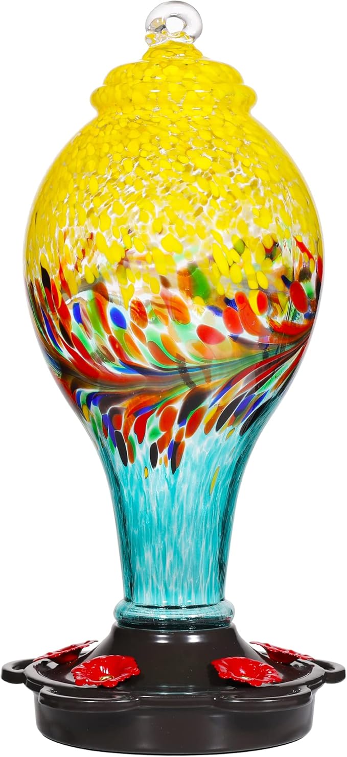 LUJII Hand Blown Glass Hummingbird Feeder for Outdoors with Ant Moat, Leak Proof & Rustproof,36 fl.oz, Metal Base Cover with 5 Feeding Ports & 5 Perches, Glass Art for Garden Decor (Blue Mixed Yellow)