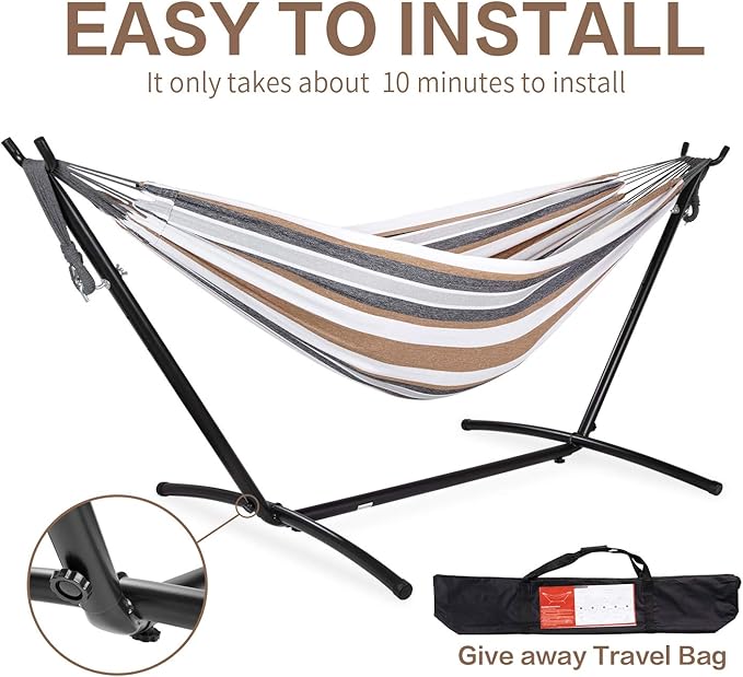 PNAEUT Double Hammocks with Stand for Outside, Portable Space Saving Heavy-Duty Steel Stand for Indoor Outdoor Patio with Carrying Bag, 450 lbs Capacity (Coffee)