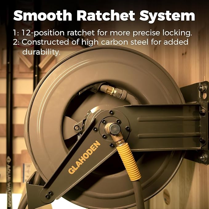 Double Arm Retractable Air Hose Reel, 3/8 in × 65 ft Hybrid Hose Heavy Duty Steel Professional Air Compressor Hose Reel with 5 ft Lead in Max 300PSI Auto Rewind Quick Coupler Swivel Fitting