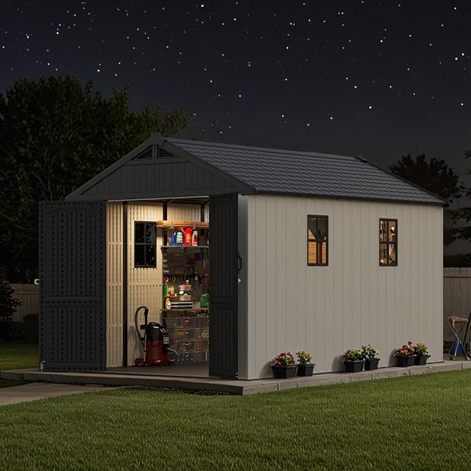 Patiowell 8 x 12 FT Resin Outdoor Storage Shed with Floor, Large Shed with Light and Lockable Door for Garden, Backyard, Tool Storage Use, Easy to Install in Beige (Kick-it Shed)