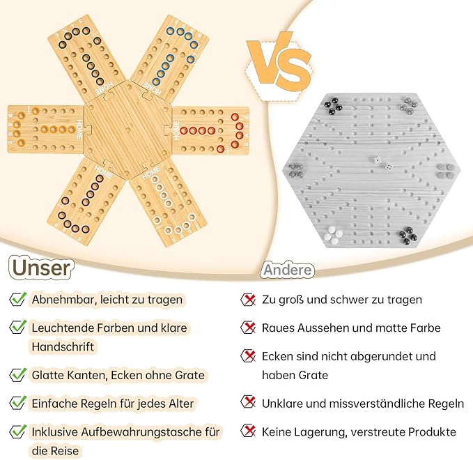 Wooden Marble Board Game for 2-6 Players, Portable Fast Track Board Game with 24 Marbles and 6 Dice for Family Friends, Party Game Night