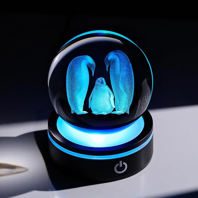 YWHL 3D Crystal Ball Penguin Figurine with LED Base Laser Penguins Gifts for Women Men on Christmas Birthday Decorative Penguin Statue Ball Glass Animals Globe Night Light for Home Decor (80mm)