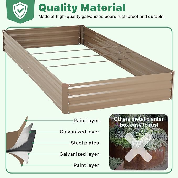 ONCEMORE Galvanized Raised Garden Bed for Vegetables Flowers Herbs, Metal Raised Garden Bed Kit with 2 PCS Tomato Cage, Gloves, Trellis Netting, Plant Labels, Plant Ties, Brown 6×3×1FT