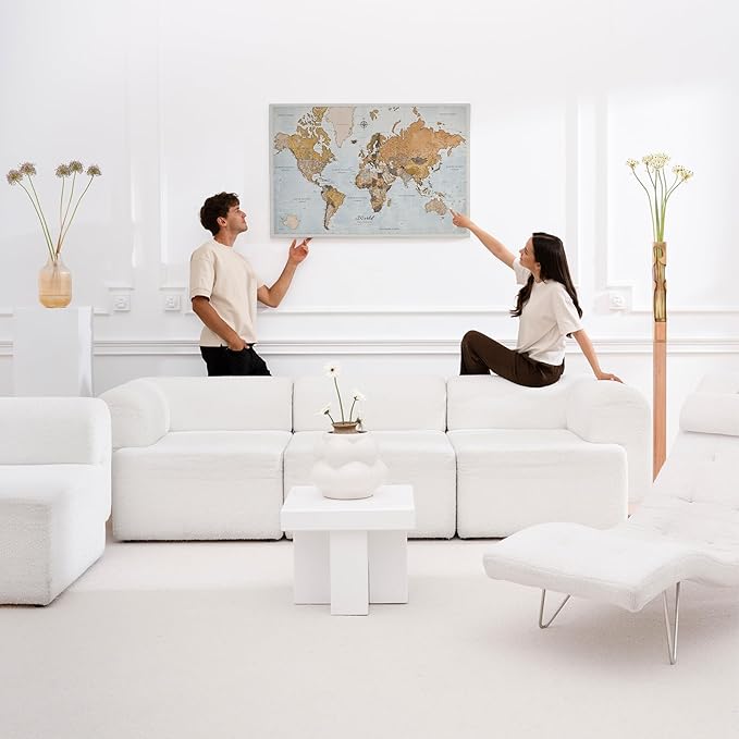 Canvas World Map with Cork Pin Board - English Lettering - Decorative Wall Decoration for All Rooms - Canvas Pictures with World Map Motif (120x80 cm, Pattern 14)