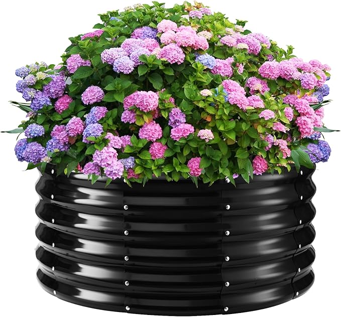 17" Tall Round Outdoor Garden Raised Garden Bed Kits- 0.8MM Thick Metal Raised Planter Bed/Ground Planter Box for Variety of Flowers,Herbs,Vegetables (Black, 32 inches Diameter)