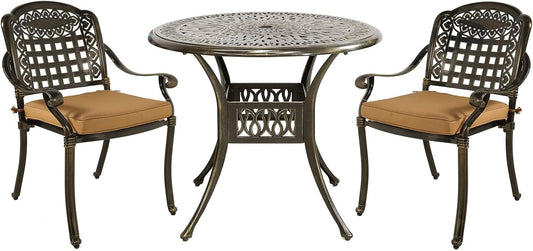 MEETWARM 3 Piece Patio Bistro Set, Outdoor All-Weather Cast Aluminum Dining Furniture Set Includes 2 Chairs with Cushions and a 35.4” Round Table with Umbrella Hole for Garden Deck