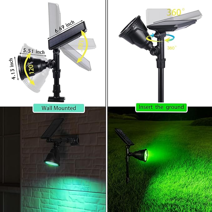 Solar Outdoor Spotlights - 18 LED, 600 Lumens, Waterproof, 7 Colors Adjustable for Year Round Patio, Garden, and Landscape Festive Lighting (2 Pack)