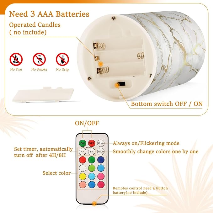 Flickering Flameless Candles, Marble Gray White Golden Texture LED Candles with Remote Timer, Set of 2 Battery Operated Candle for Valentine Wedding Birthday