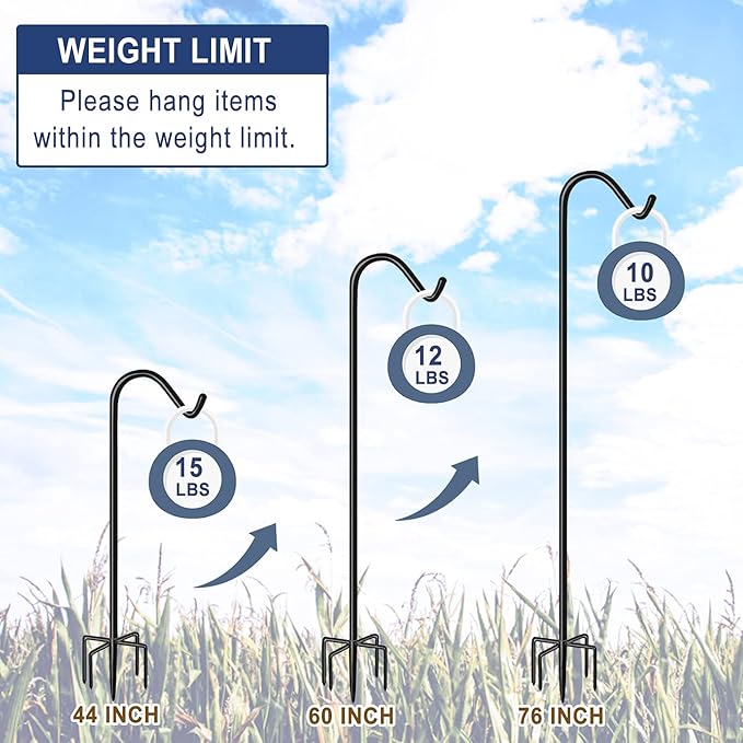 Shepherds Hook for Outdoor Bird Feeders Pole 76 Inch Tall, Adjustable Heavy Duty Garden Hanger Stake Pole with 5 Prong Base, Shiny Black (2 Packs)