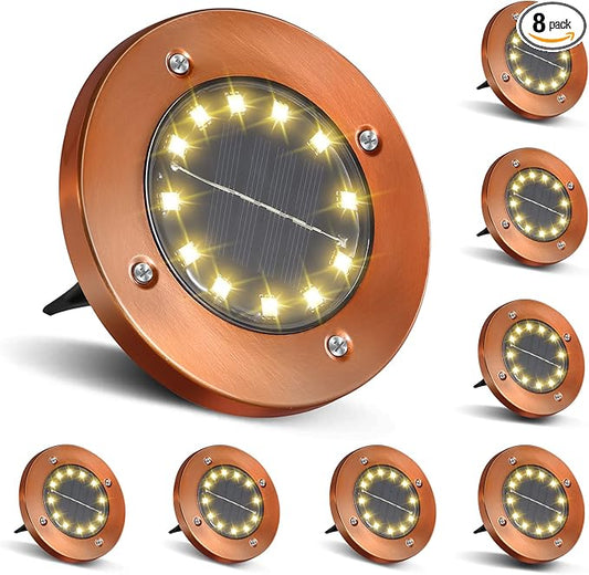 Outdoor In-Ground Lights Solar Disc Lights Outdoor Solar Garden Lights In Ground Solar Landscape Light 8 Pack 12 led for Pathway Yard Patio Walkway(Bronze, 8 Pack)