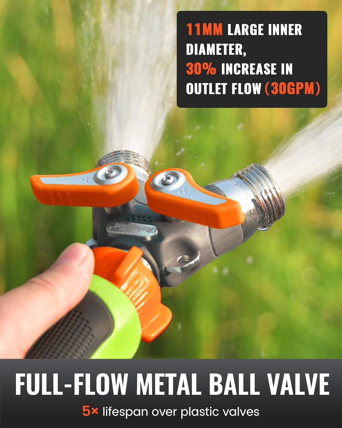 RAINPOINT Garden Hose Splitter, 2 Way Heavy Duty Water Hose Y Spigot Splitter with Shutoff Valves, 100% Metal Body Outdoor Faucet Splitter, 1.9" Extra Long Metal Handle, 3/4" GHT Thread (1, Orange)
