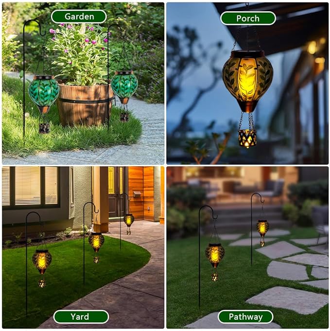 Green Leaf Hot Air Balloon Solar Lantern with Flickering Flame Light,Glass Hanging Solar Lanterns Outdoor Waterproof Hot Air Balloon Decor for Patio Party Yard Tree,Garden Gifts for Women Mom