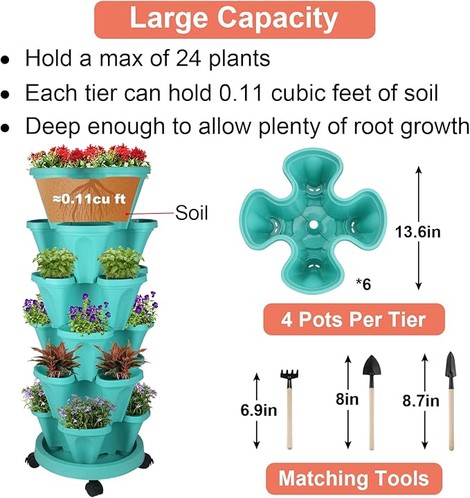 Vertical Planter 6 Tier Stackable Planters Garden Planters Strawberry Herb Flower and Vegetable Planter Indoor Outdoor Gardening Pots with Removable Wheels and Tools