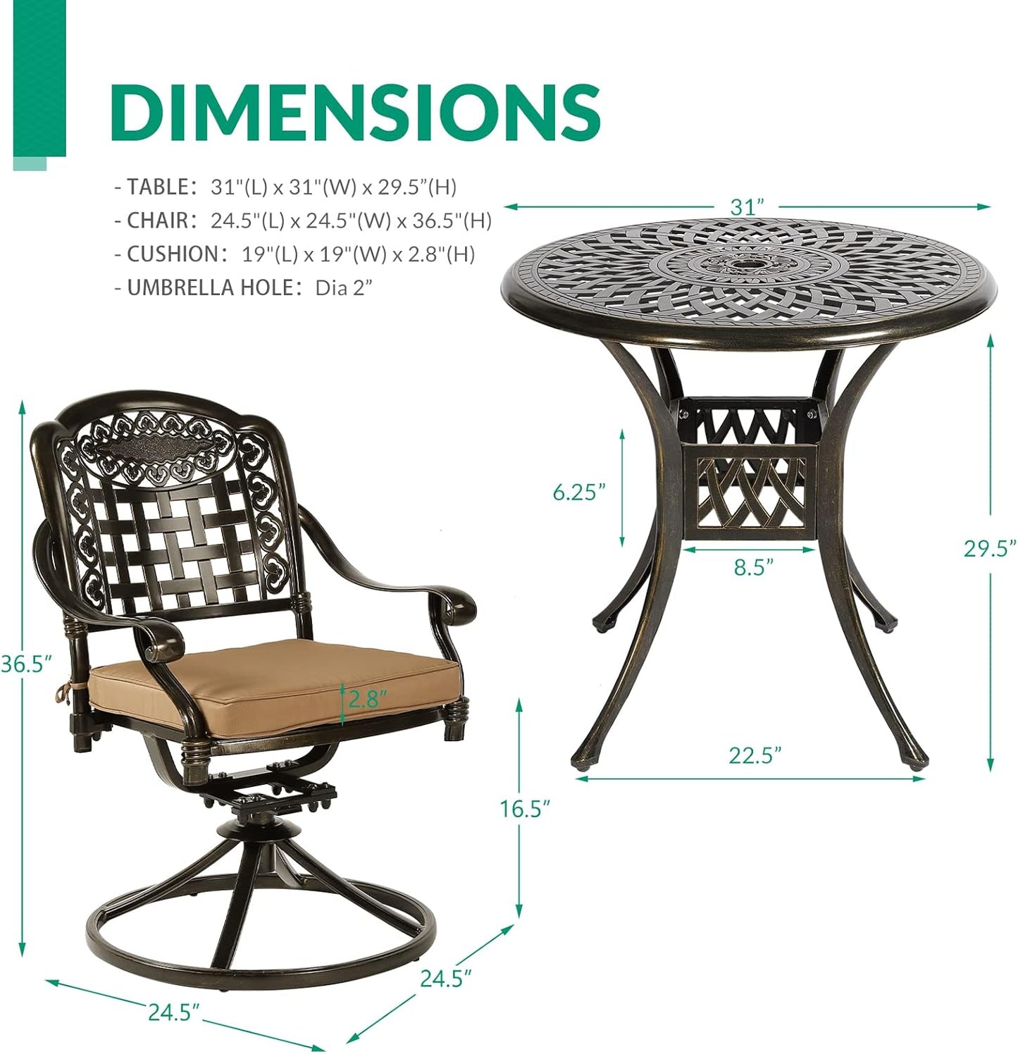 VIVIJASON 3-Piece Patio Bistro Set, Outdoor All-Weather Cast Aluminum Furniture Dining Set, Include 2 Swivel Chairs and 31" Round Table w/Umbrella Hole for Balcony, Lawn, Garden, Antique Bronze