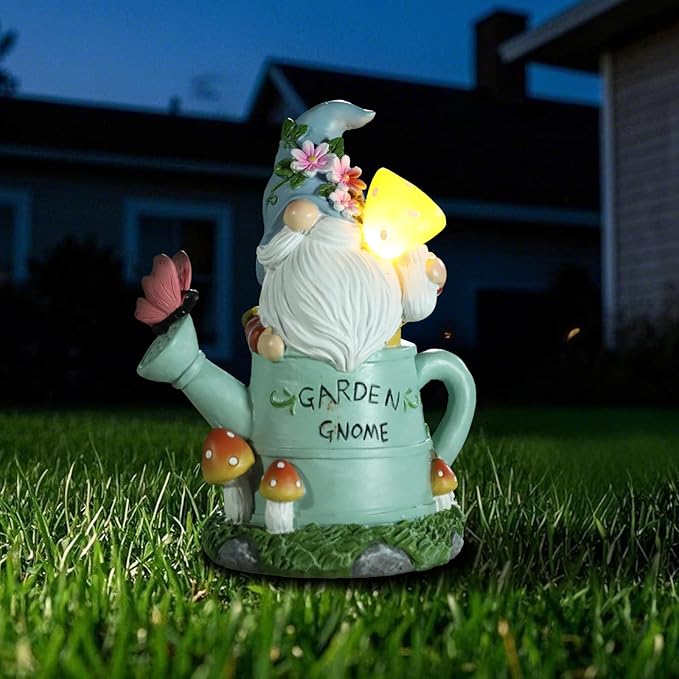 Garden Gnome Statue, Novelty Gnome Outdoor Figurine with Watering Can Shape and Flowers Butterfly Decor - Resin Gnome Sculpture with Mushroom Solar Lights for Porch Patio Yard Outdoor Decor