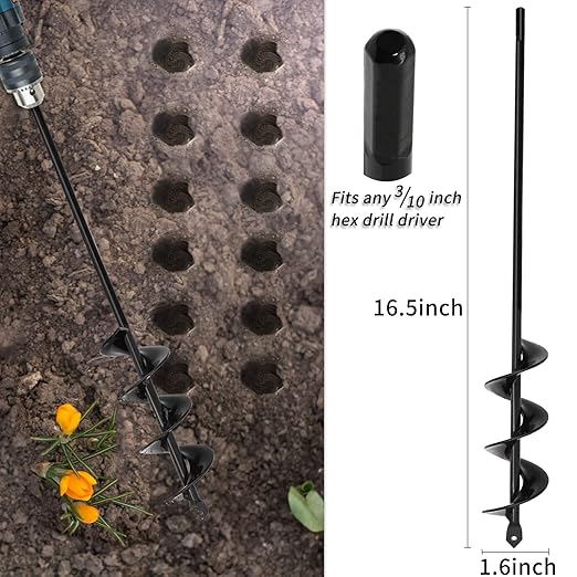 TCBWFY 4 Pack Garden Auger Spiral Drill Bits - 1.6"x9", 1.6"x16.5", 3"x16.5", 3"x12" - Heavy Duty Steel - Corrosion Resistant - Perfect for Post Holes, Earth & Lawn Augering,Planting Bulbs&Trees