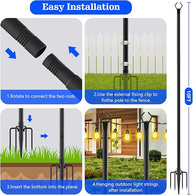 4 Pack String Light Poles,10 Ft Metal Poles with Fork for Outdoor String Lights,Outdoor Light Poles with Fork,Poles/Post/Stand for Outside,Patio,Deck,Backyard,Garden Wedding,Party