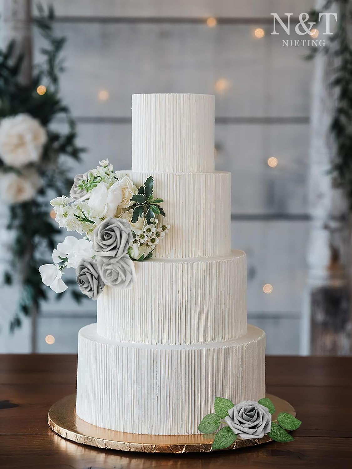 N&T NIETING Roses Artificial Flowers, 50Pcs Fake Flowers Foam Roses with Stems for DIY Wedding Bridesmaid Bridal Bouquets Centerpieces Party Home Decoration Baby Shower, Silver White and Silver Grey