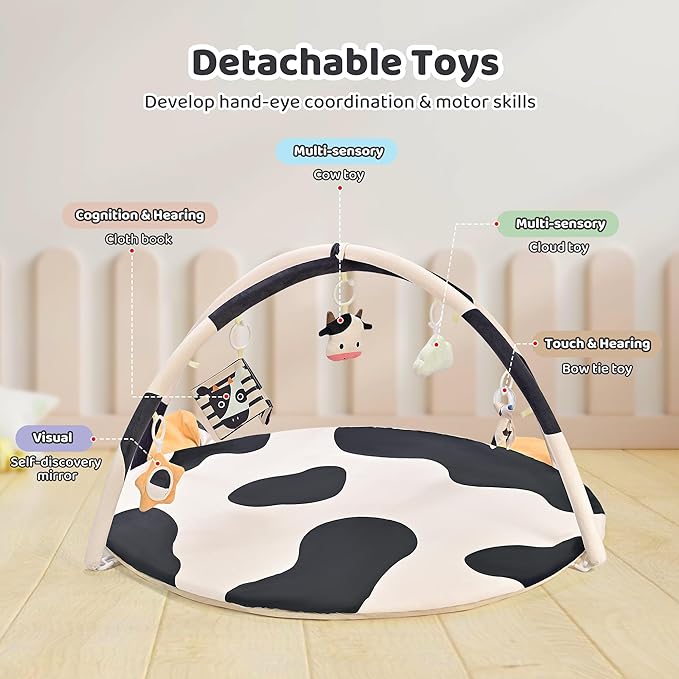 2PM SPORTS Cow Theme Baby Play Mat, Tummy Time Mat for Infant Newborn, Baby Play Gyms & Playmats for 0-3 3-6 6-12 Months, Activity Mat 5 Detachable Toys, Non Slip Gym Mat Easy to Install & Clean