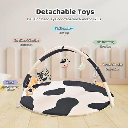 2PM SPORTS Cow Theme Baby Play Mat, Tummy Time Mat for Infant Newborn, Baby Play Gyms & Playmats for 0-3 3-6 6-12 Months, Activity Mat 5 Detachable Toys, Non Slip Gym Mat Easy to Install & Clean
