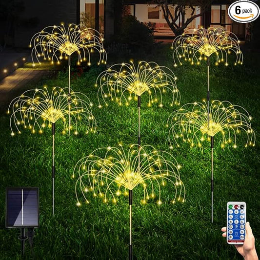 6 Pack Solar Garden Lights Outdoor, Firework Lights 8 Modes with Remote DIY Outdoor Decor,120 LED Waterproof Garden Fireworks Lamp, Landscape Outdoor Light for Pathway Backyard Lawn (Warm White)