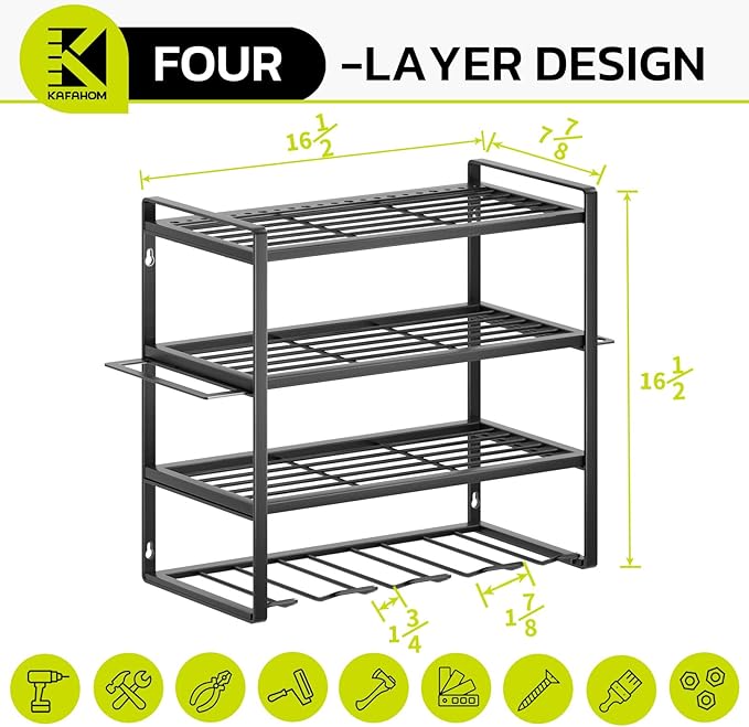 KAFAHOM Power Tool Organizer, Garage Tool Organizers and Storage,Drill Holder Wall Mount, Storage Rack for Cordless Drill, Heavy Duty Tool shelf with Screwdriver Holder/Pliers Holder/Hammer Holder