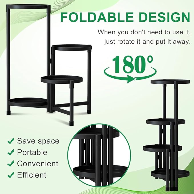 Metal Plant Stand Indoor Outdoor,4 Tier Tall Black Flower Stand Waterproof Plant Holder,Folding Design Corner Plant Rack for Patio Living Room Balcony Office