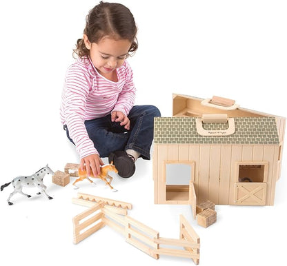 Melissa & Doug Fold and Go Wooden Horse Stable Dollhouse with Handle and Toy Horses (11 pcs)