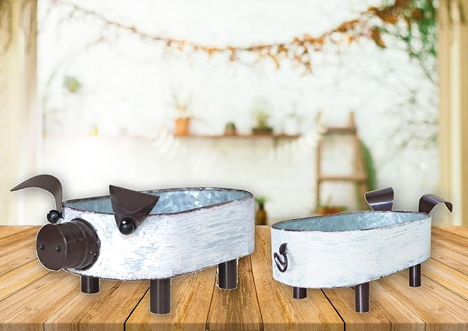 Galvanized Metal White Washed Farmhouse Pig Tray Distressed Pig Tabletop Centerpiece Décor Set of 2