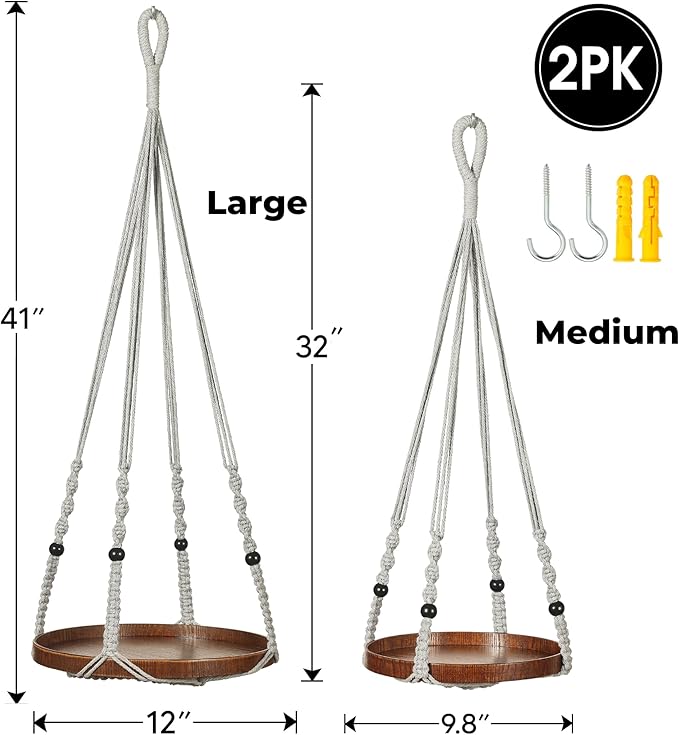 2 Pack Macrame Plant Hanger | Plant Hanger Indoor, Hanging Planter Shelf | Hanging Planter (Light Grey) (1 Large + 1 Medium)