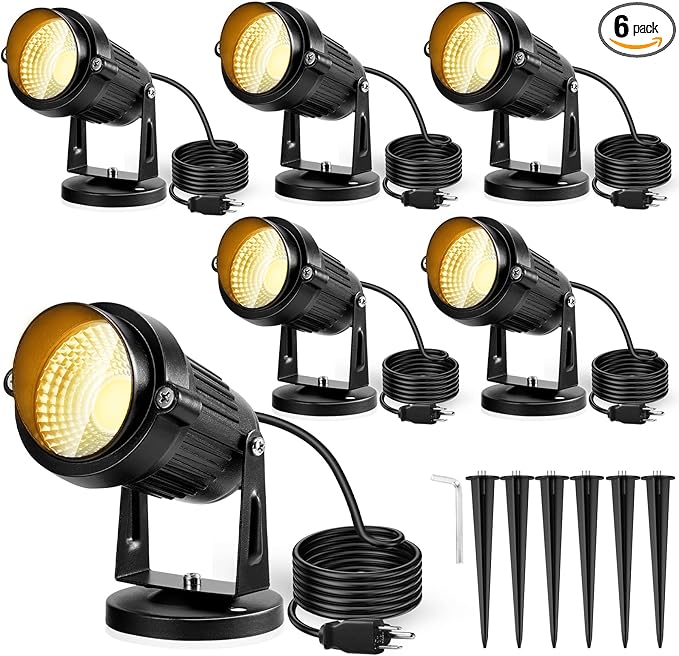 LemonBest Landscape Lights - 5W 110V Outdoor Spotlight - Waterproof IP65-3000K Warm White LED Landscape Lights - 5ft Cable for Yard Garden Patio Driveway House (Include Spike) (6 Pack)