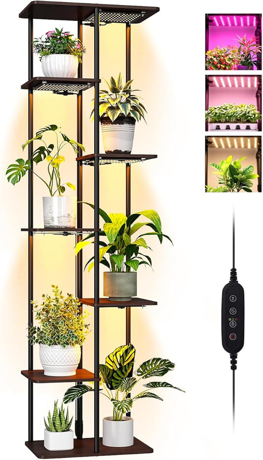 Indoor Plant Stand with Grow Lights , 7 Tier Corner Wooden Tall Grow Light Stand for Indoor Plants , Full Spectrum Dimmable 50W(5x10W) LED Grow Light Panel with Timer for Garden , Living Room