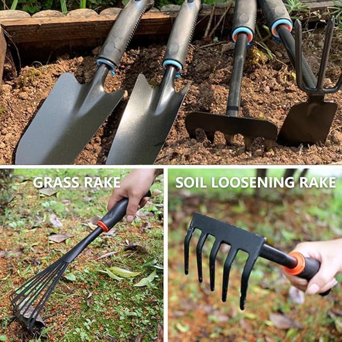 Large Garden Tool Set with Non-Slip Rubber Handle - 6 Piece Heavy Duty, Gardening Hand Tools, Sturdy Durable, Classic Utility Gardening Gift