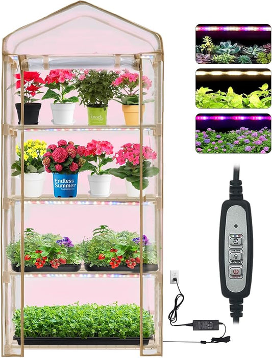 Mini Greenhouse with Grow Light , 4 Tier 27.2" ×19.9" ×61.8" Portable Greenhouse with Zippered for Seed Starting Trays , Dimmable 2ft 60W Plant Light for Indoor Plant with Timer(PLGH704OWPT)